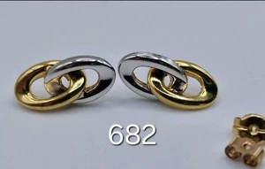 18ct Two Tone Stud Earrings 750 Dainty Oval 15mm yellow white gold hallmarked 9k - Picture 1 of 19
