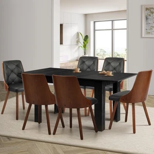 Oikiture 160cm Extendable Dining Table with 6PCS Dining Chairs PU Leather Black - Picture 1 of 7