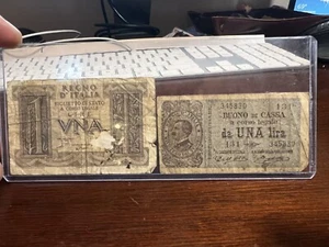 Pair of Italian Bank Notes 1914 1 Lira Buono di Cassa 1939 Regno D'Italia - Picture 1 of 2