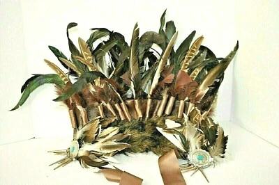 NATIVE AMERICAN CHIEF FAUX HEADDRESS FEATHERS HANDMADE - Image 1 of 4