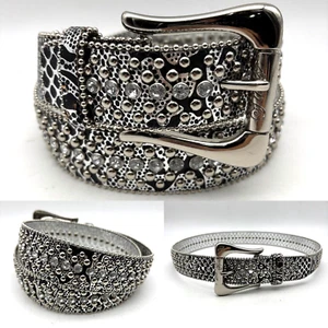 Vintage 00s Y2K Guess Metallic Silver PU Reptile Print Studded Bling Belt M 35" - Picture 1 of 17