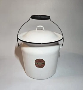 Lisk Flintstone Enamelware Bucket Chamber Pot White With Lid Wood Handle Vtg - Picture 1 of 16