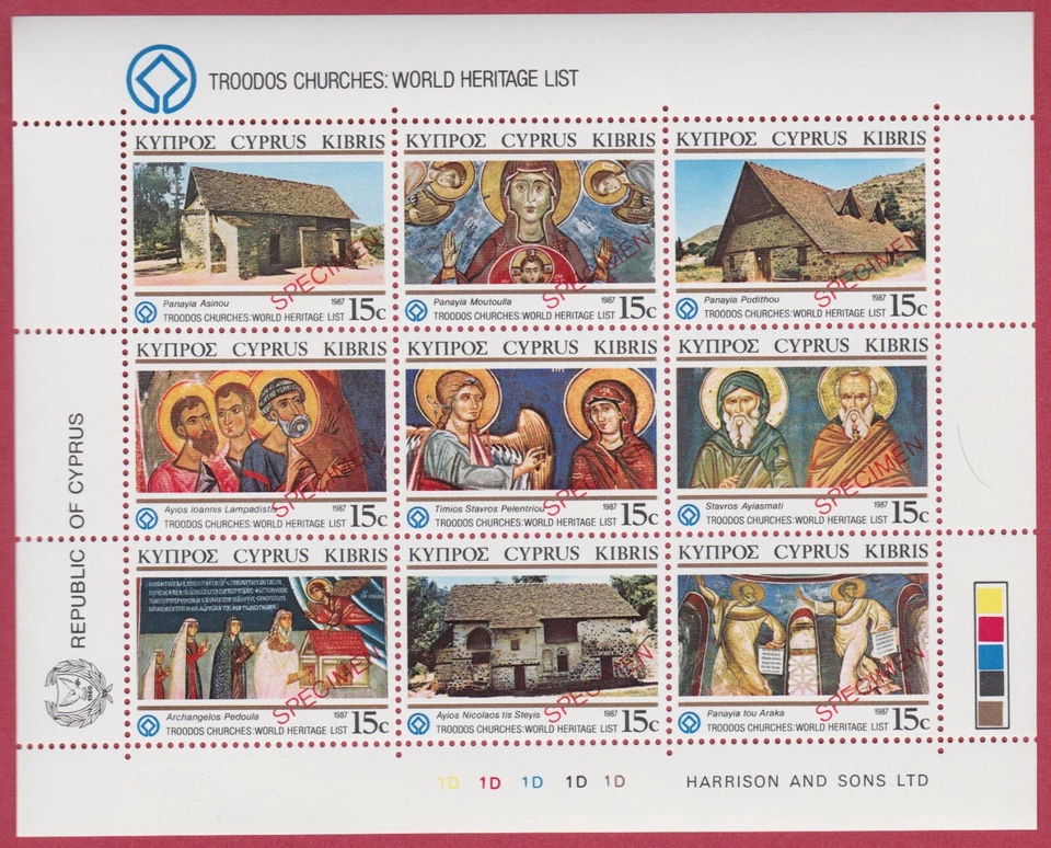 R* CYPRUS SPECIMEN BLOCK 9 V. MNH* 1987 TROODOS CHURCHES Mi nr. 672-680 #5626 - Image 1 of 2