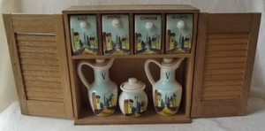 VINTAGE 7 PIECE CERAMIC SPICE & OIL and VINEGAR SET WITH WOODEN CABINET -JAPAN - Picture 1 of 10