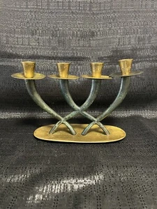 Vintage Pal-Bell Bronze Green Menorah Shabbat Candleholder Israel Mid Century - Picture 1 of 9