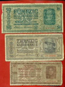 GERMAN OCCUPIED LOT OF 3 BANKNOTES UKRAINE 50. 20 and 10 KARBOWANEZ 1942s. 33 - Picture 1 of 2