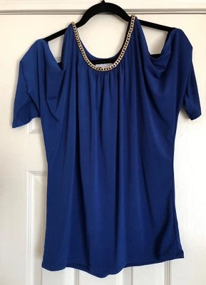 NWOT Carmen Marc Valvo Blue Gold Chain Accent Cold Shoulder Size Small - Image 1 of 3