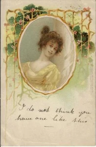 Tuck Art Postcard #626 Brown Haired Girl in Yellow Dress Art Nouveau - Imagen 1 de 2