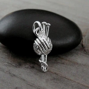 Silver Knitting Charm - 3D Yarn and Knitting Needles Charm - Knitting Pendant - Picture 1 of 2