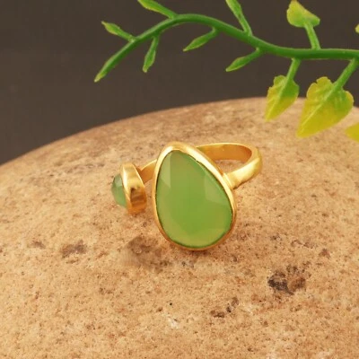 Anillo de doble piedra de calcedonia verde chapado en oro pinza anillo ajustable Foto 1 de 2