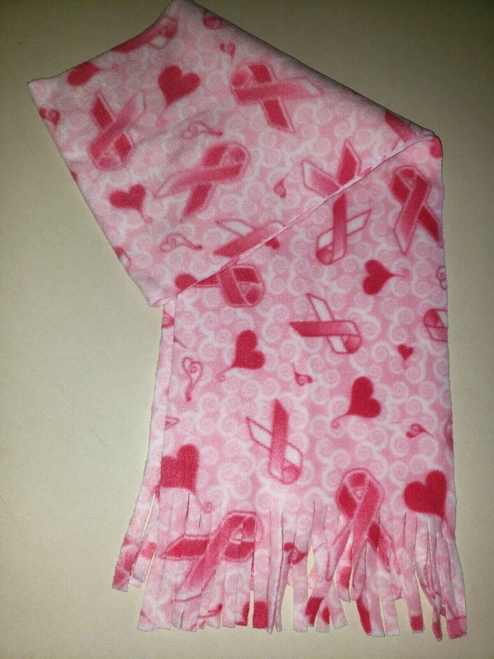 PINK WHITE FLEECE SCARF PINK RIBBONS HEARTS cancer awareness ONE SIZE super!! - Image 1 of 1