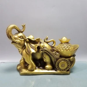 12" Chinese Brass Gild Lovable Animal Elephant Pull Yuanbao Money Wealth Statue - Picture 1 of 9