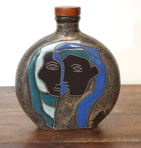Modernist Abstract Faces MARA Mexico Art Pottery Bottle Flask with Cork - Picture 1 of 10
