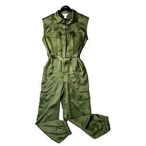 Rachel Zoe Olive Green Satiny Cargo Jogger Belted jumpsuit Size 10 NWOT - Picture 1 of 7
