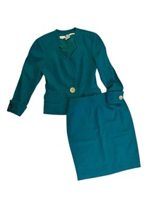 Tuta Bill Blass per Neiman Marcus gonna di lana taglia 8 verde smeraldo set 2 pezzi - Foto 1 di 12