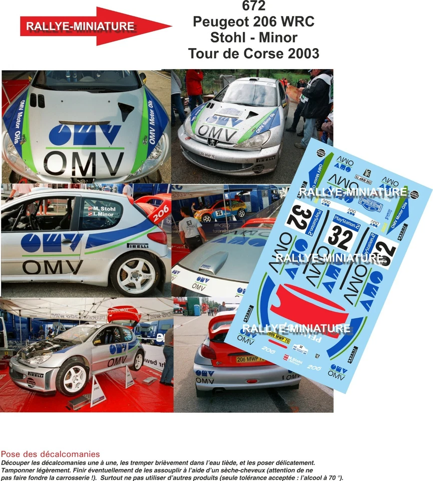 RALLYE MINIATURE DECALS 1/24 REF 0672 PEUGEOT 206 WRC STOHL TOUR DE CORSE 2003 RALLYE RALLY