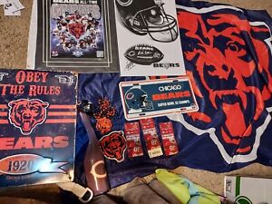 Huge Mixed Lot 12 CHICAGO BEARS football Items Wall Art Flag Patch Ticket Stubs+