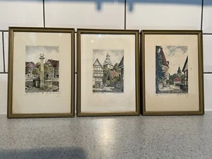 3 VINTAGE FRAMED ETCHINGS FROM WATERCOLOURS OF BAD SALZUFLEN GERMANY, SIGNED - Picture 1 of 8