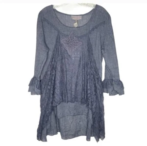 Pretty Angel Sz M Blue Linen Cotton Blend Lace High Low Lagenlook Boho Tunic Top - Picture 1 of 7
