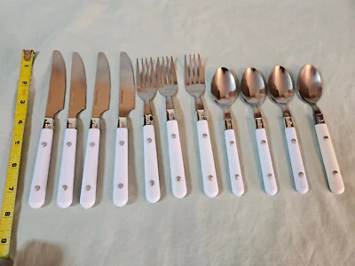 Vtg Cutlery Flatware Set 11 Pieces Stainless Steel White Plastic Acrylic Handle - Image 1 of 4