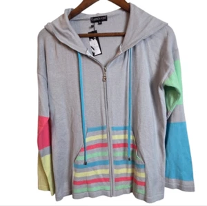 FRENCH KYSS Full Zip Jacket Hoodie Women's Small Gray Striped Long Sleeve Retro - Bild 1 von 13