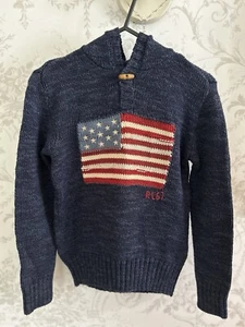 New Polo Ralph Lauren Knitted USA American Flag Toggle Hoodie Jumper Size S Age8 - Picture 1 of 9