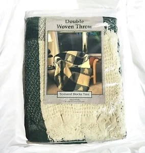 Double Woven Throw Blanket Trees Green White Fringed Farm Country 46" x 60" NIP - Picture 1 of 10