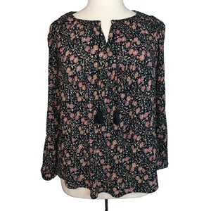 Blusa Campesina Antigua Azul Marino Para Mujer XL Negra Floral Cuello Atado Cottagecore Romántica - Imagen 1 de 15