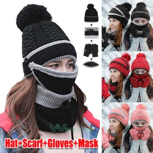 Men Women Winter Warm 4Pcs Set Knit Beanie Hat Cap Scarf Touch Screen Ski Gloves - Picture 1 of 64