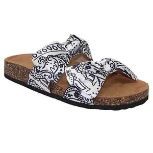Damenmode Pantoletten weiß Bandana Sandalen weiches Korkfußbett Slipper Schleife - Bild 1 von 2