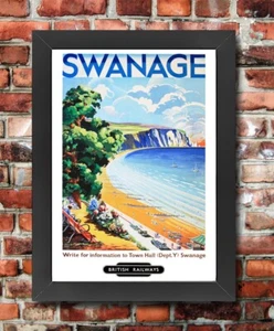 TX649 Vintage Framed Swanage Travel Poster British Railways A3/A4 - Picture 1 of 1