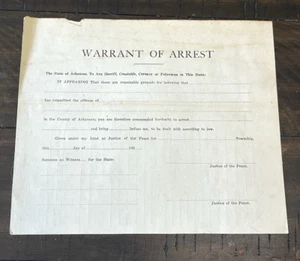 Warrant of Arrest Document Arkansas 1930s Blank Form Crime AR Paper Ephemera - Picture 1 of 4