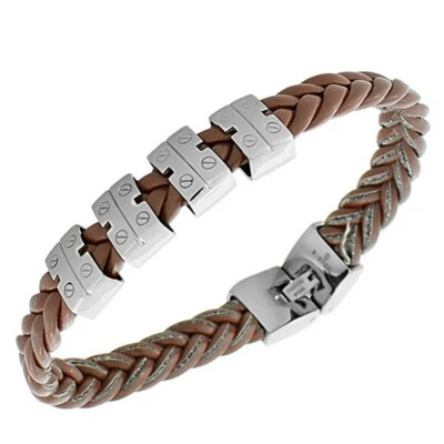 Brown Faux Leather Braided Silver-Tone Stainless Steel Bracelet - Image 1 of 4