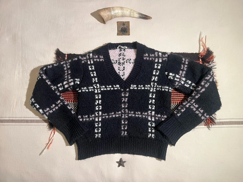 McQueen джемпер M Mohair альпака черный розовый белый винтажный узор McQ пушистый теплый - Изображение 1 из 4