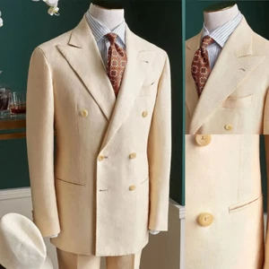 Hombres Traje de Lino Beige Doble Pecho Pico Solapa Blazer Verano Negocios Boda - Imagen 1 de 11