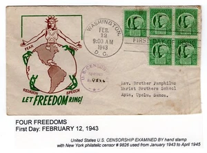 #908 Four Freedoms 1943 FDC - Censored to Apia Samoa - Picture 1 of 2