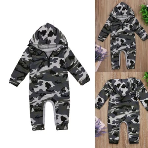 Newborn Toddler Baby Boys Camouflage Hooded Pocket Long Sleeve Rompers - Picture 1 of 8