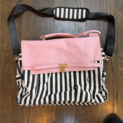 Brand New Computer Laptop Messenger Bag Pink w/Black & White Stripes 15.5” - Image 1 of 4