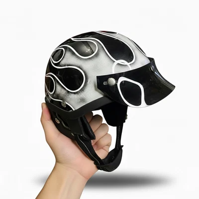 Retro Vintage Medio Casco Pátina Llama Brillante Casco Moto Foto 1 de 4