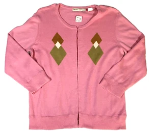 Perry Ellis Damen Angora Mischung Strickjacke Gr. L Rosa Argyle U-Ausschnitt Neu mit Etikett - Bild 1 von 7
