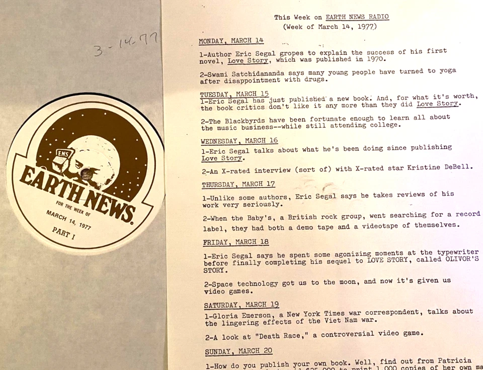 3/14/77 EARTH NEWS RADIO BLACKBIRDS, THE BABY'S, ERIC SEGAL (LOVE STORY AUTHOR) - Image 1 of 1