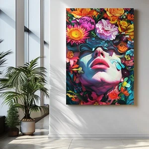 Colorful Woman and Flowers Modern Canvas Wall Art, Flowers Poster Print. - Picture 1 of 9