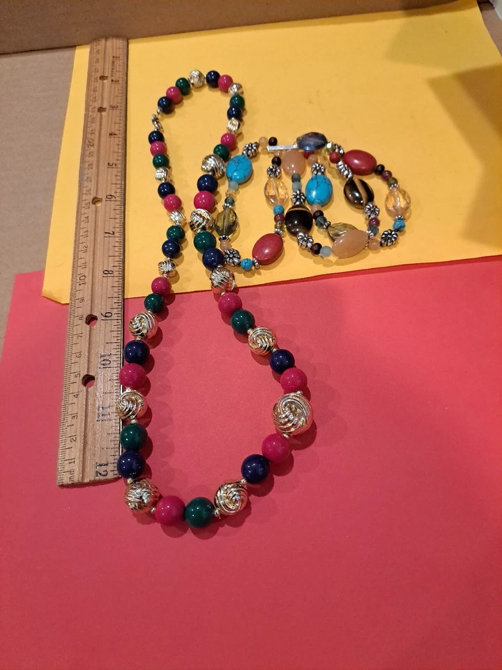 ChaCha Multicolor Stone/Resin Bead Necklace & Bracelet Set Wild BOHO Fashion - Image 1 of 4