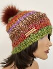 Hand Knits 2 Love Beanie Hat Cap Chunky Boucle Multicolors  Nature Faux Fur Pom