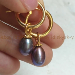 7-8mm Genuine Natural Multicolor Black Freshwater Pearl Dangle Hoop Earrings - Picture 1 of 6