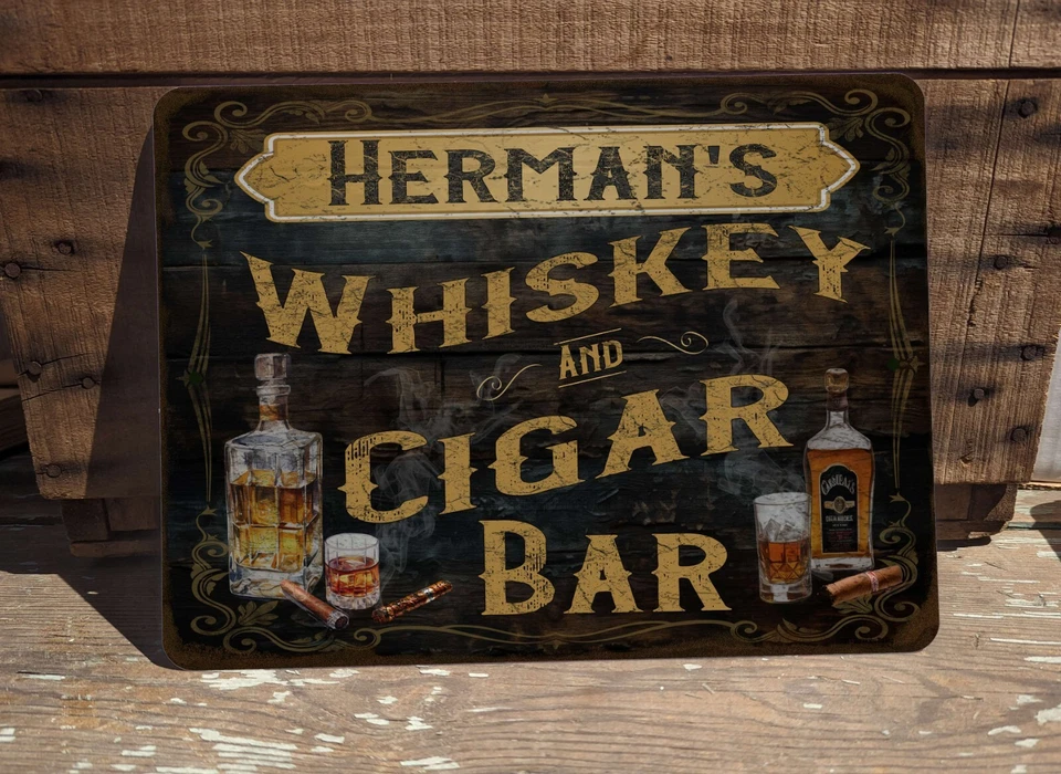 Personalized Whiskey & Cigar Bar Custom Man Cave 9" x 12" Rustic Metal Sign - Image 1 of 4