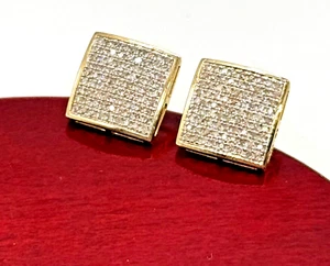 Mens MicroPave Round Cut Square Diamond Earrings 10k Yellow Gold Screw Back Post - Picture 1 of 7