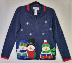 Vintage Tiara International Christmas Zip-Up Blue Sweater Small Snowman Beaded - Picture 1 of 5