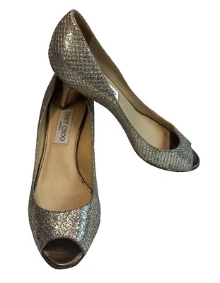 Zapatos de salón Jimmy Choo plateados talla US 7.5 EU 38 punta abierta tacón de gatito fiesta formal Foto 1 de 4