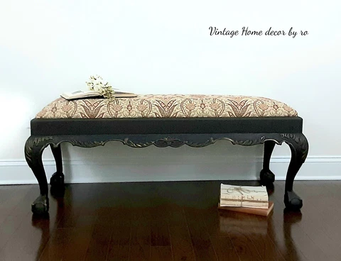 Vintage Clawfoot Bench.  Upholstered Victorian Entryway Bench French Country Sea Cover